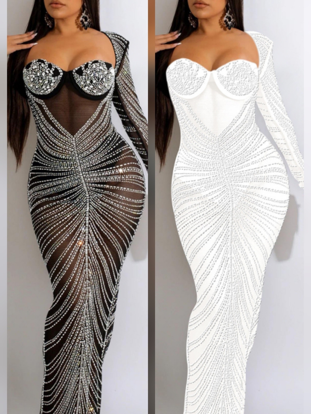 Embellished Mesh Bodycon Dress - Black / White